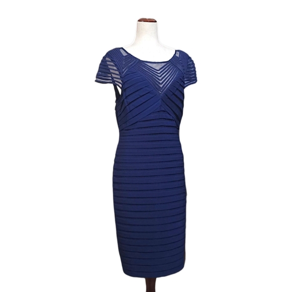 Adrianna Papell Navy Blue Shutter Pleat Sheath Illusion Cocktail Party Dress, 16 - Picture 12 of 14
